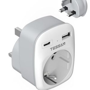 TESSAN Adaptateur Prise Anglaise, 3 en 1 Prise Anglaise Adaptateur Francais avec USB C et USB A, 3250W Type G pour UK Irlande Dubai Irlande