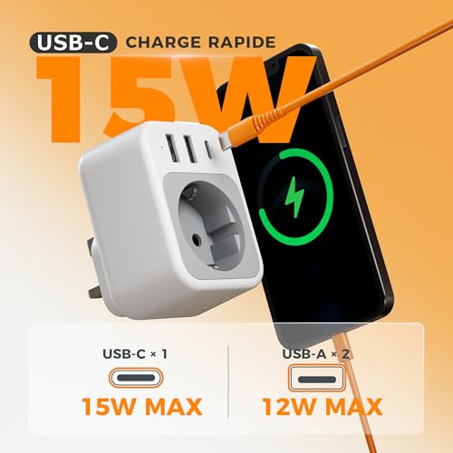 41Aa0pajiLL._SL500_ TESSAN Lot de 2 Adaptateur Prise Anglaise, 4 en 1 Prise UK avec USB C et 2 USB A, Anglaise Adapter Francais 3250 W, Adaptateur UK vers France, Type G pour Irlande Écosse Saoudite - 3