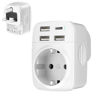 Hoppac 5 en 1 Adaptateur Prise Anglaise, Prise Anglaise Adaptateur Francais avec 3 USB A et 1 USB C, Adaptateur Type G pour Irlande, Hong Kong, Singapour, Malaisie, Malte, Chypre, Qatar et Pakistan