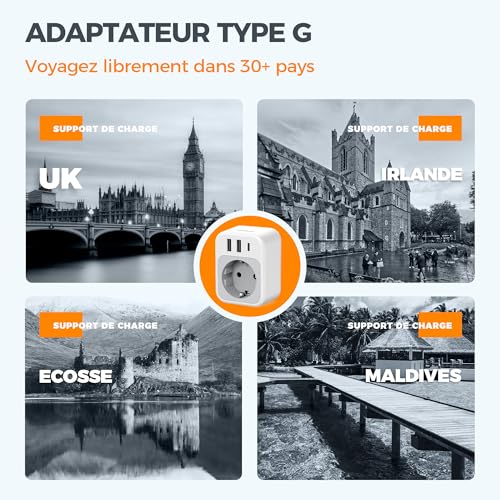 51RclcMSFkL._SL500_ TESSAN Lot de 2 Adaptateur Prise Anglaise, 4 en 1 Prise UK avec USB C et 2 USB A, Anglaise Adapter Francais 3250 W, Adaptateur UK vers France, Type G pour Irlande Écosse Saoudite - 2