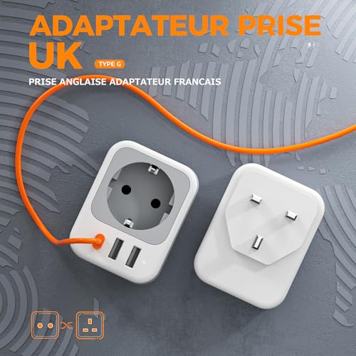 51rs7R5ThQL._SL500_ TESSAN Lot de 2 Adaptateur Prise Anglaise, 4 en 1 Prise UK avec USB C et 2 USB A, Anglaise Adapter Francais 3250 W, Adaptateur UK vers France, Type G pour Irlande Écosse Saoudite - 1