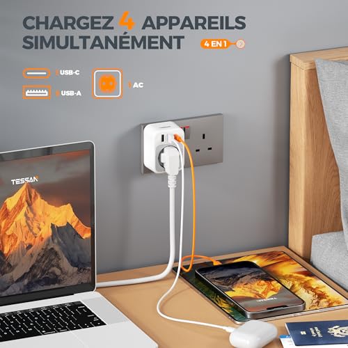 51zaOz8f8wL._SL500_ TESSAN Lot de 2 Adaptateur Prise Anglaise, 4 en 1 Prise UK avec USB C et 2 USB A, Anglaise Adapter Francais 3250 W, Adaptateur UK vers France, Type G pour Irlande Écosse Saoudite - 4